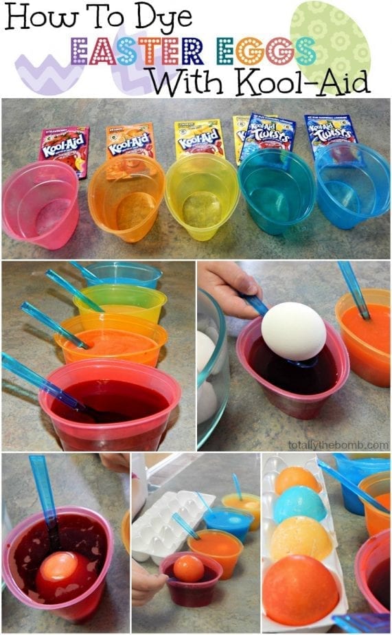 hard boiled eggs being dyed with kool-aid