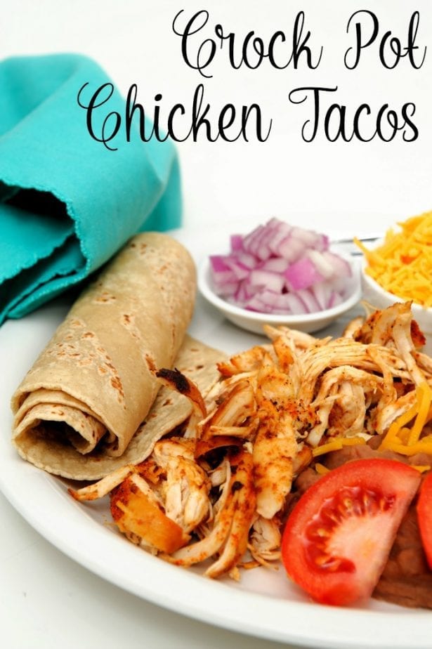 Crock pot chicken tacos made with three simple ingredients for an easy weeknight dinner