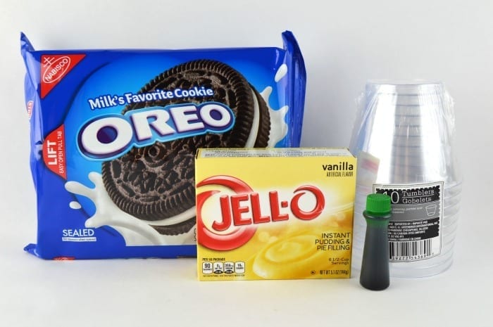 hulk pudding cups supplies needed: oreos, vanilla pudding, green food coloring, and clear plastic cups