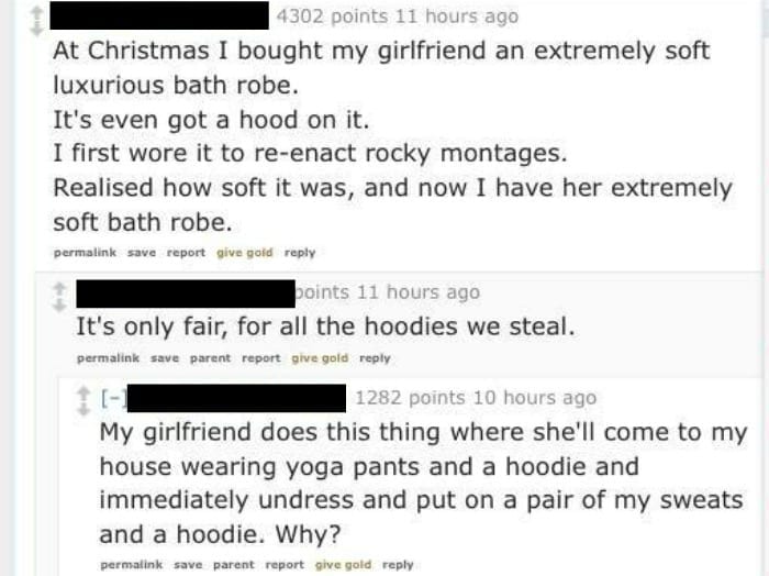 My boyfriend steals my bathrobe!