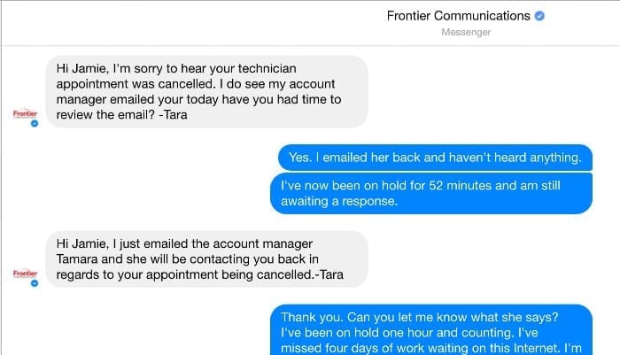 frontier communications facebook messages
