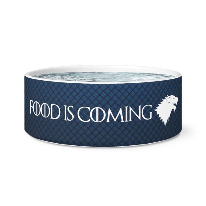 Dog food bowl with text "Food is Coming" on it.