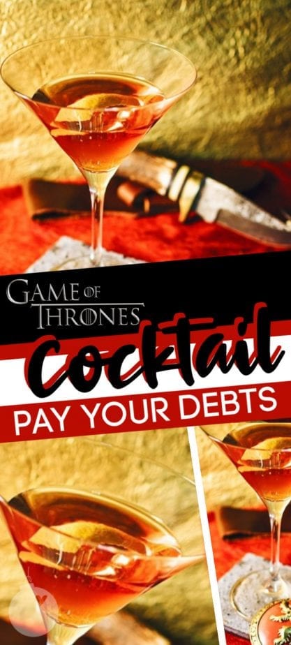 Elegant and sophisticated, yet surprising stout GOT cocktail (dude, it's made entirely of boozy ingredients, so stout it is), this is a drink well suited for a Lannister, and Lannister always pays his debts. #gameofthrones #gameofthronescocktail #gotcocktail #payyourdebtscocktail
