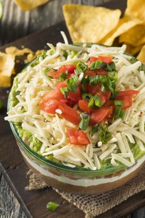 Homemade 7 Layer Dip with Beans, Sour Cream and Guacamole