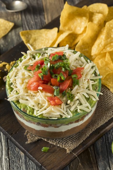 Homemade 7 Layer Dip with Beans, Sour Cream and Guacamole