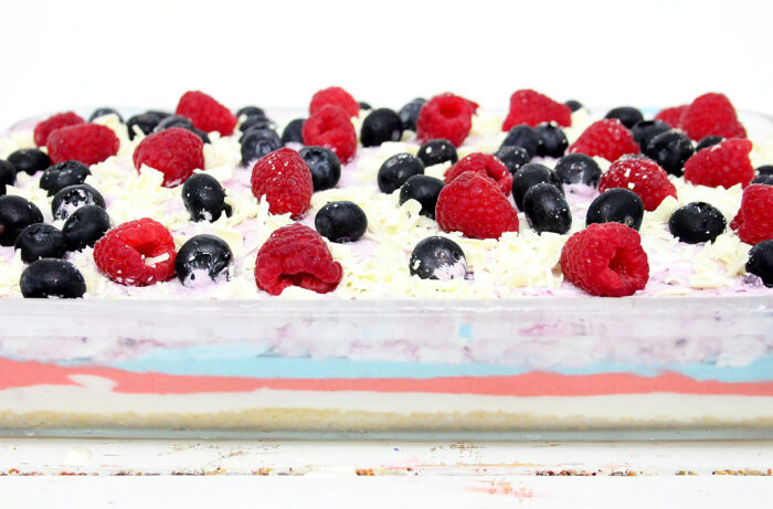 a side shot of the jello no bake berry cheesecake dessert