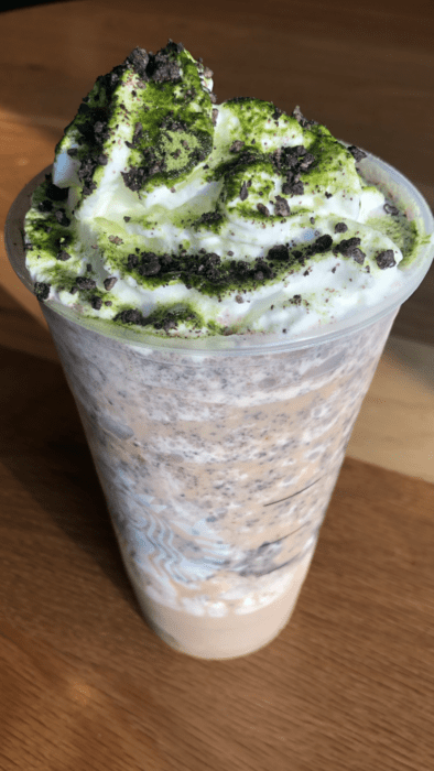 This Oogie Boogie inspired Frappuccino is made from a white chocolate mocha frapp with plenty of whipped cream and java chips