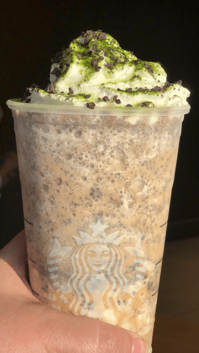 topped with whipped cream, macha powder and java chips, this Oogie Boogie Frappuccino is sweet, evil goodness