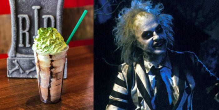 from the black and white stripes to the green topping, this Beetlejuice Frappuccino looks just like the creepy character