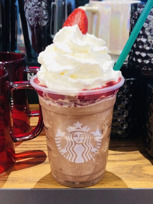 chocolate and strawberry go together perfectly in this Rudolph The Reindeer Frappuccino
