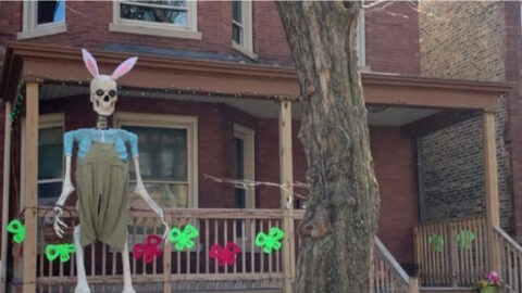 People Are Keeping Up Their Home Depot 12-Foot Skeleton and Decorating It For Every Holiday!