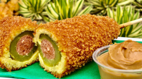 Disneyland Is Selling A Fried Pickle Corn Dog With A Side Of Peanut Butter For Dipping