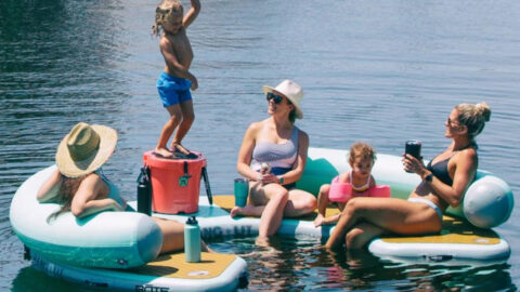 You Can Get A Curved Inflatable Dock That Holds A Cooler And 6 Adults