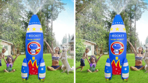 You Can Get This Large Inflatable Rocket Ship Sprinkler That Shoots Water Out Of The Top And My Kids Are Obsessed