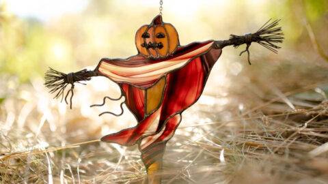 You Can Get A Scarecrow Stained Glass Suncatcher To Brighten Your Home During The Halloween Season
