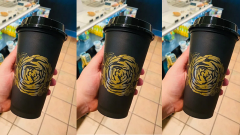 Starbucks Is Selling A $3 Hot Reusable Cup That Is Black with A Gold Rose Design