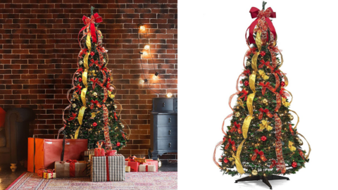 This 6 Foot Pop-Up Christmas Tree Comes Pre-Lit And Fully Decorated For A Perfect Holiday Season
