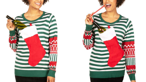This Ugly Christmas Sweater Holds A Full-Sized Bottle Of Wine So It’s Perfect For Parties