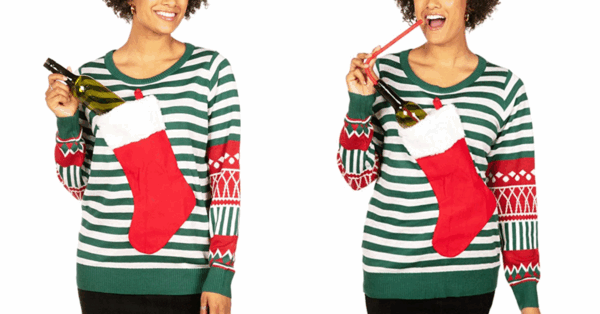 This Ugly Christmas Sweater Holds A Full-Sized Bottle Of Wine So It’s Perfect For Parties