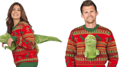 You Can Get A 3D T-Rex Ugly Christmas Sweater That’ll Have Guests Roaring In Laughter At Your Next Holiday Party