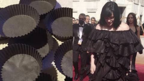People Are Saying Billie Eilish’s Oscar Dress Looks Like It Was Made with Reese’s Peanut Butter Cup Wrappers