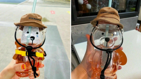 Starbucks’ New Glass Tumbler Is Shaped Like a Bear Dressed in Camping Gear 