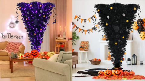 Home Depot Is Selling A Black Upside Down Halloween Tree With Purple Lights and I Need It