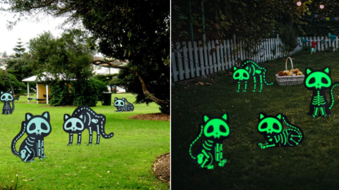 These Solar Powered Skeleton Cats Turn Neon Green at Night for an Eerie Glow in Your Yard