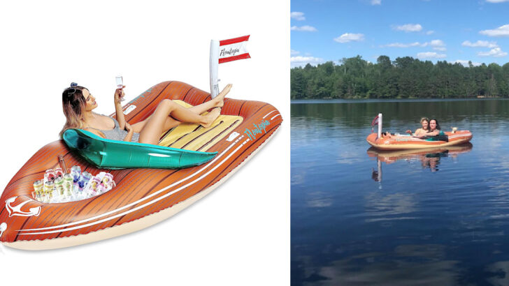This Boat Pool Float Comes With A Built-In Cooler And It’s Perfect For Lake Day