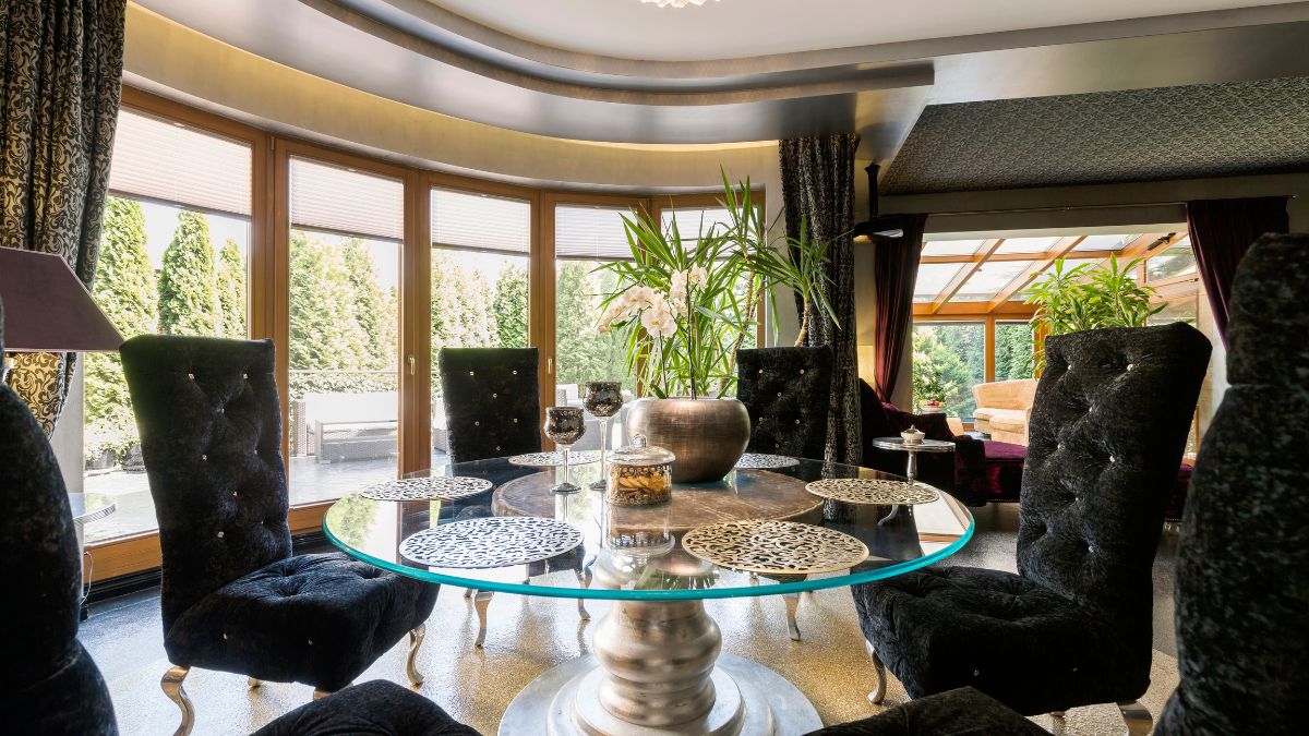 black and glass dining room