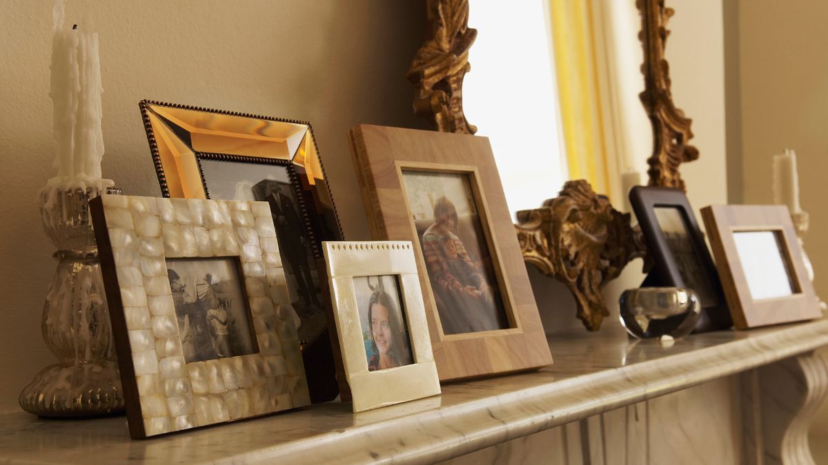 picture frames on mantel