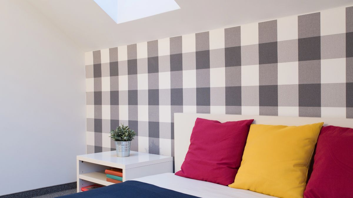 bed with pattern headboard