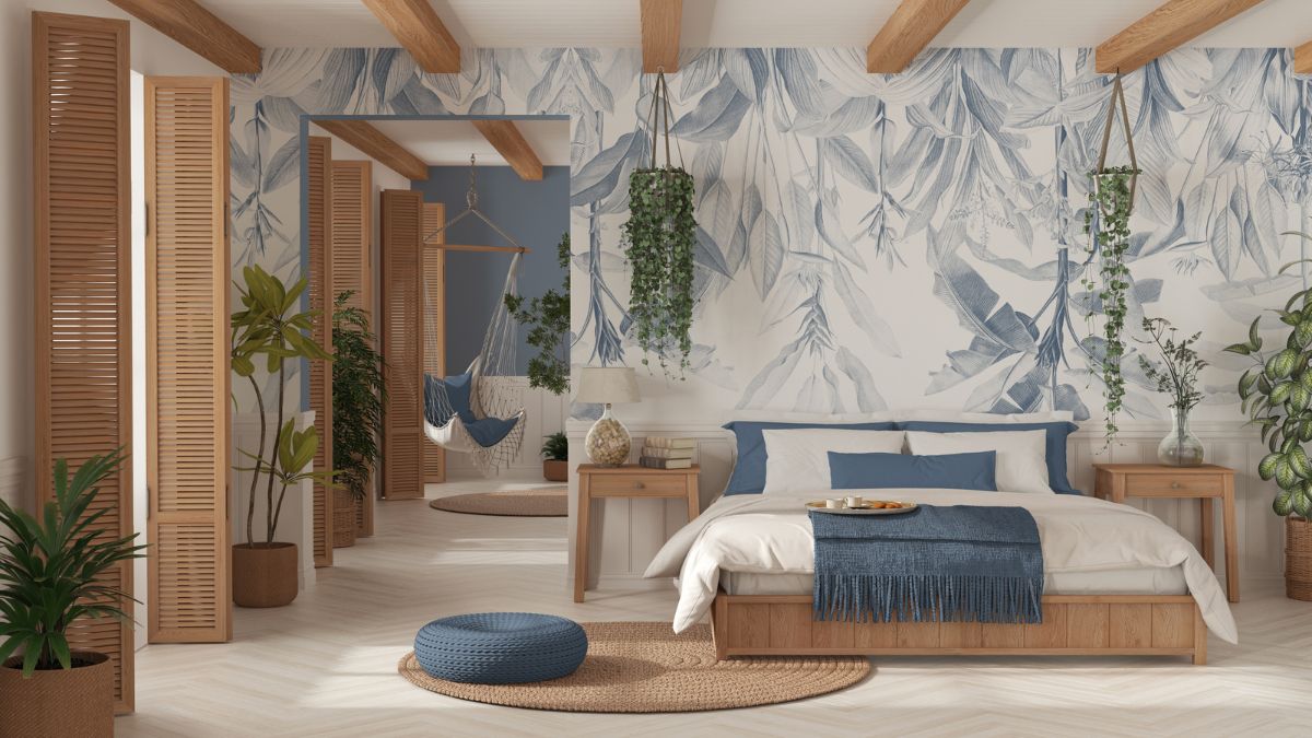 bedroom with blue wallpaper