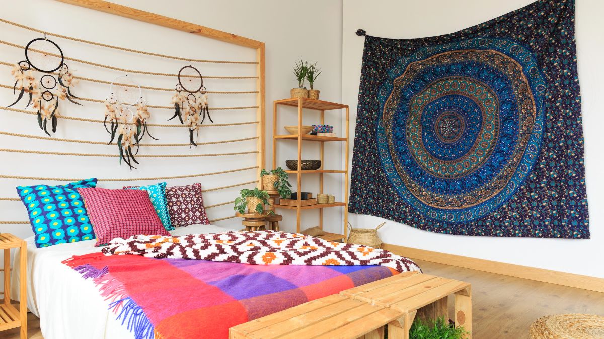 bedroom with colorful tapestry