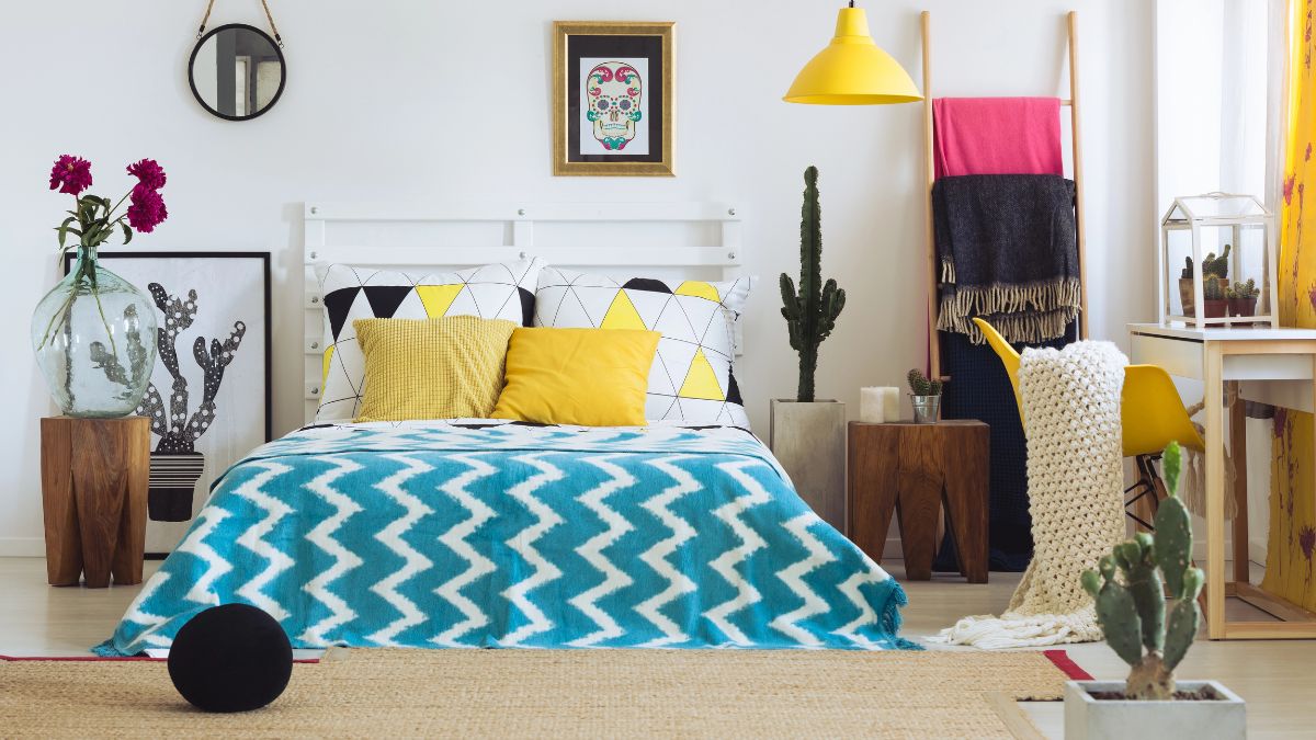 blue bed in colorful bedroom