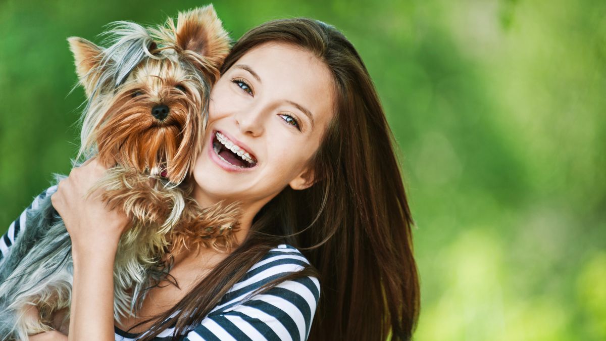 happy woman with dog