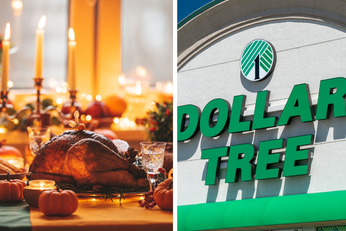 split screen of turkey on a table and dollar tree sign.