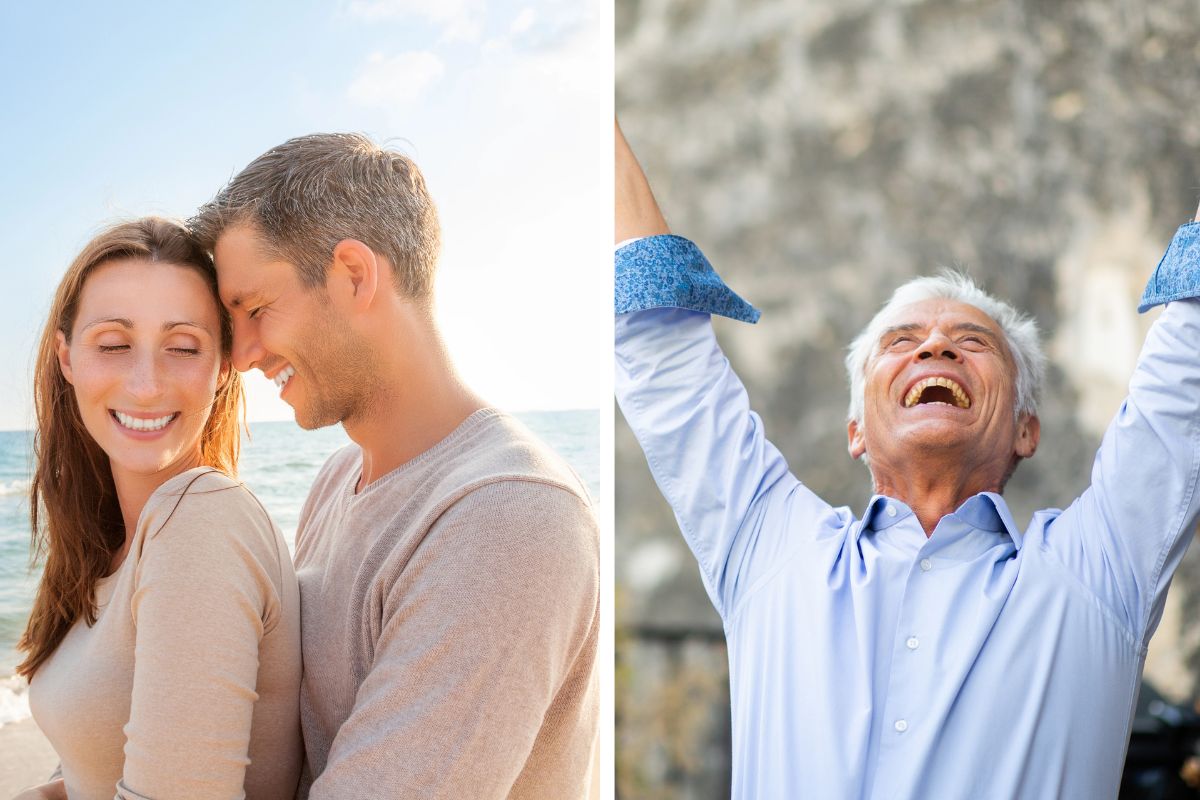 Split image of younger couple and older man happy.