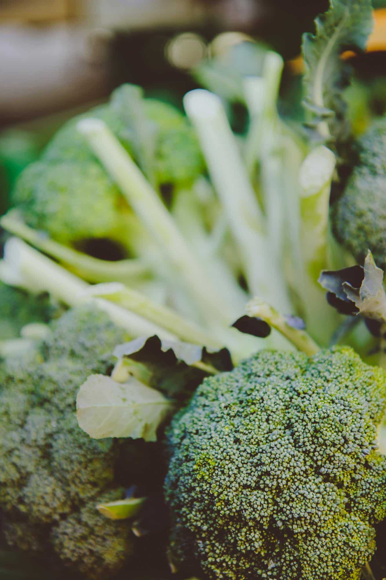 Close-up image of fresh organic broccoli with soft focus and earthy tones, showcasing natural textures.