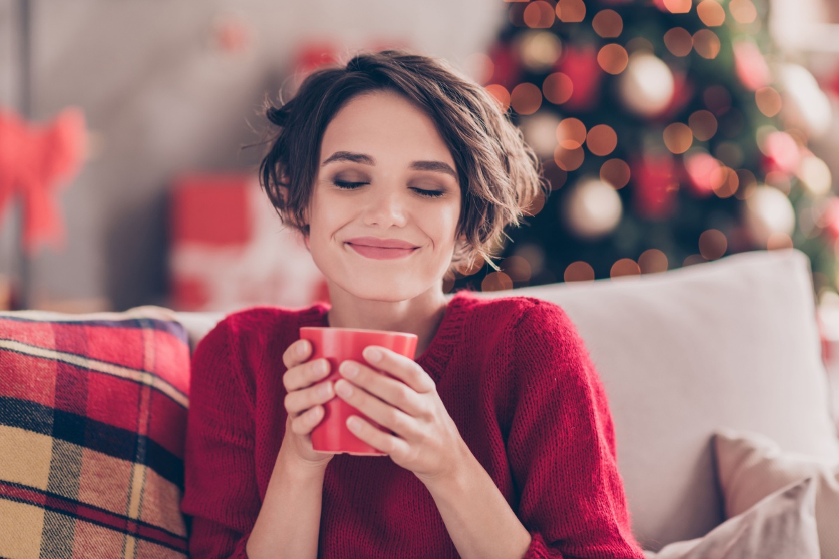 cozy Christmas cocoa coffee on couch