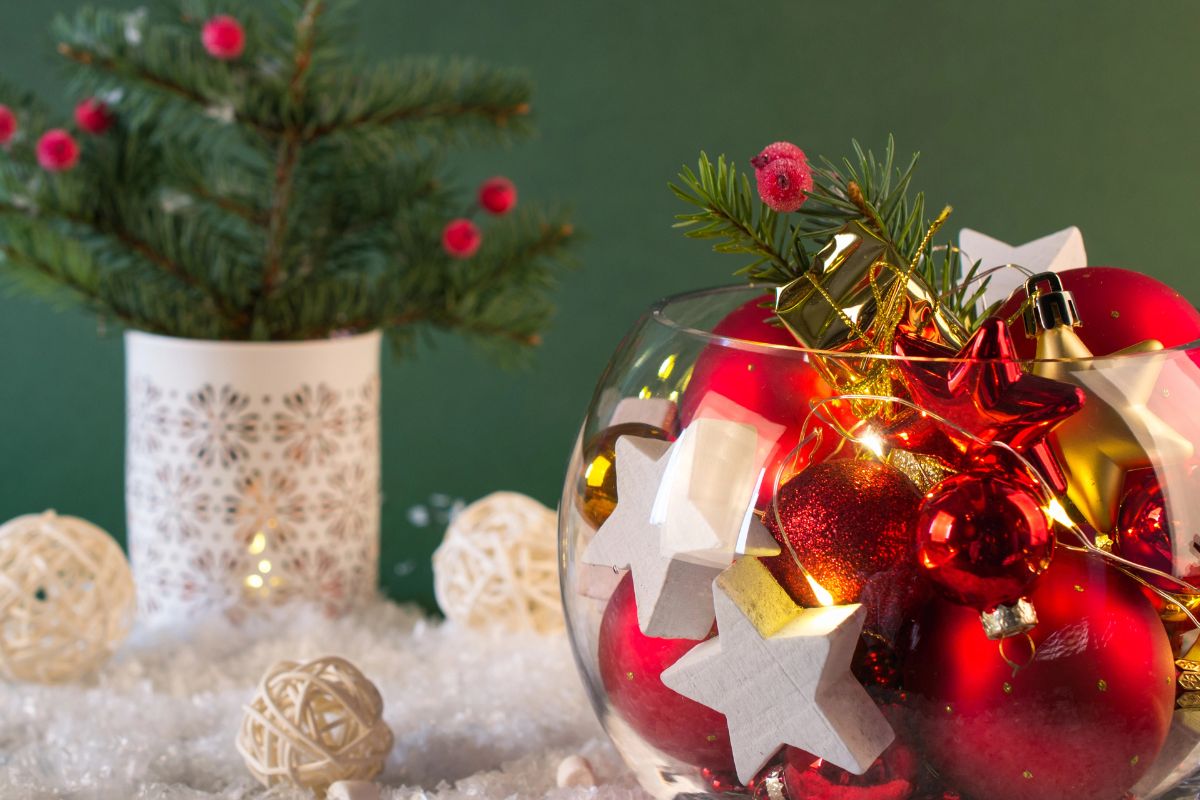 diy christmas decorations ornaments in a glass bowl