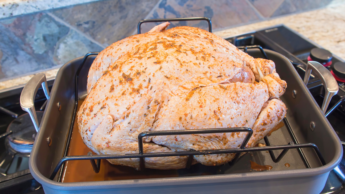 raw turkey with roasting pan