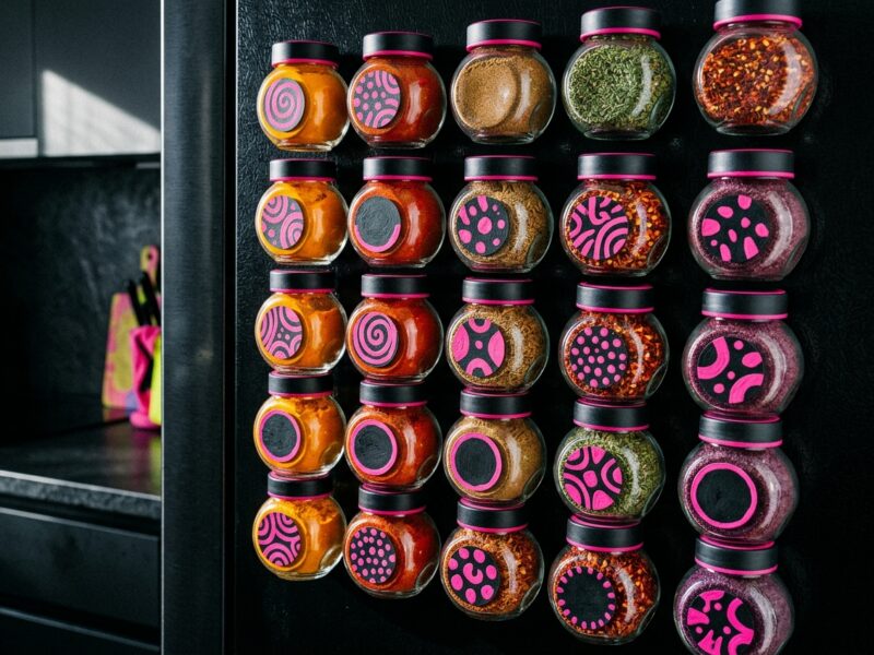 This tiny magnetic spice jar system sticks to your fridge and I cannot explain how much I love it