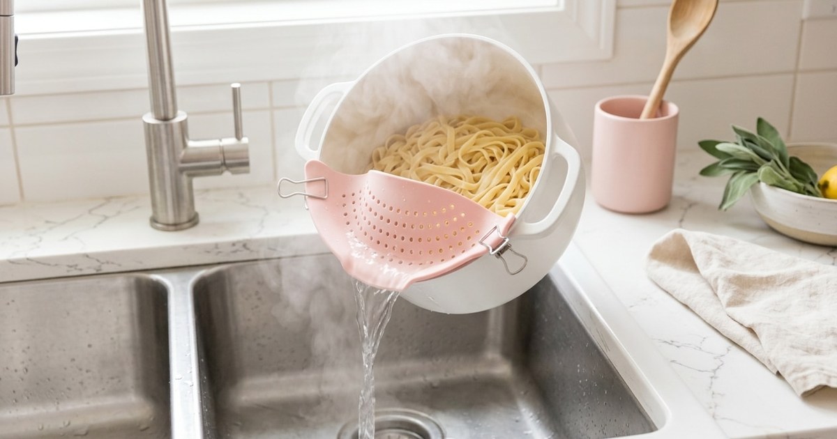 This clip-on silicone pot strainer makes draining pasta actually not a whole thing