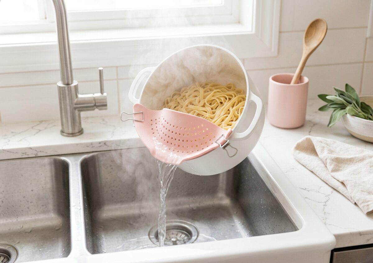 This clip-on silicone pot strainer makes draining pasta actually not a whole thing