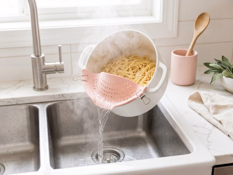 This clip-on silicone pot strainer makes draining pasta actually not a whole thing