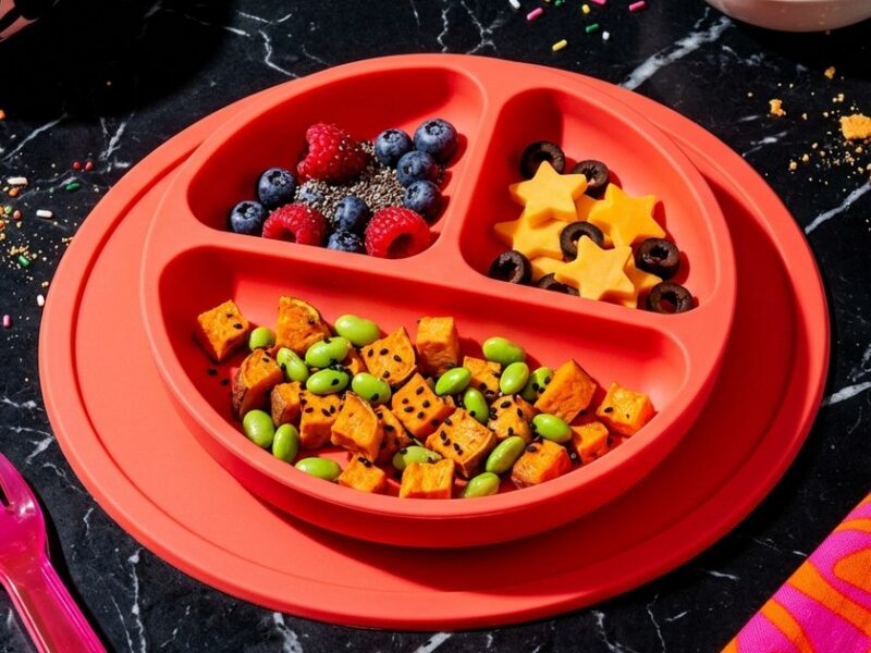 This silicone suction dish set sticks to any surface so you can eat literally anywhere